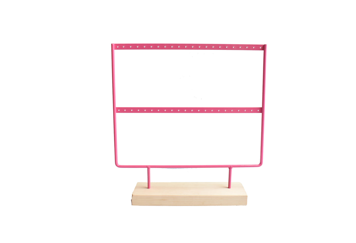 Exhibidor de aros metálico 2 líneas color rosa y base de madera